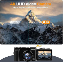 Load image into Gallery viewer, 4K Digital Camera for Photography Auto-Focus Vlogging Camera for YouTube Video with 3'' 180° Flip Screen 16X Anti-Shake 4K Camera Compact Cameras with SD Card, Flash, 2 Batteries & Battery Charger