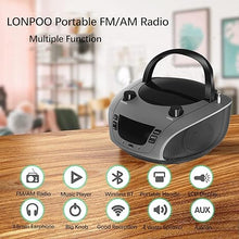 Load image into Gallery viewer, LONPOO Portable Boombox - CD Player, Bluetooth, USB, MP3, AUX, FM and AM Radio, Portable, Built-in Stereo Speakers, Carrying Handle, LCD Display, Gray