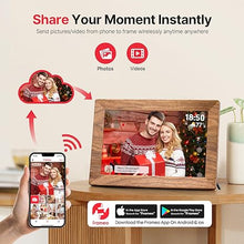 Load image into Gallery viewer, Frameo 10.1" Digital Picture Frame, Brown Wood Smart WiFi Digital Photo Frame with 1280x800 HD IPS Touch Screen 32GB Memory Auto-Rotate Wall Mounted Slideshow, Share Photos/Videos from Phone Remotely