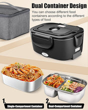 Load image into Gallery viewer, Buddew Electric Lunch Box 80W Food Heater with Dual Container, Portable Lunch Warmer for Adults, Upgraded Heated Lunch Box for Car/Truck/Office with SS Fork&Spoon and Insulated Carry Bag (Black)