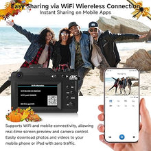 Load image into Gallery viewer, 4K Digital Camera For photography, 64MP WiFi Autofoucs Vlogging Camera for Youtube, 4K Video Compact Travel Point Shoot Cameras with Flash, Selfie Lens, 64GB Card, 18X Zoom, 2 Batteries+Charger(Black)