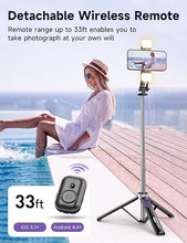 Load image into Gallery viewer, 53'' Selfie Stick Tripod with Light, Extendable Selfie Stick with Remote, Portable Cell Phone Tripod Stand with All in 1 Phone Clip, Lightweight Camera Tripod Compatible with iPhone 15 14 13, Android