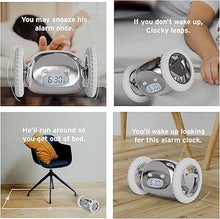 Load image into Gallery viewer, CLOCKY Extra Super Loud Alarm Clock for Heavy Sleepers Adults Kids Teens Bedroom, Move Jump Roll Run Away Easy to Set Smart Digital Mirror Alarm Clock on Wheels -Funny Gag Gift (Chrome)