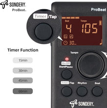 Load image into Gallery viewer, Sondery Digital Metronome for Guitar Piano Drum and All Instruments with Timer, English Vocal Counting and 3 Different Sounds with Earphone Jack and Flashing Light, Loud Volume, Rechargeable