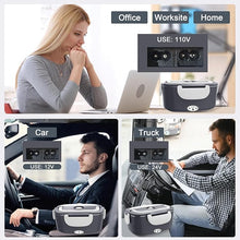 Load image into Gallery viewer, Electric Heated Lunch Boxes Adults: 80W Electric Lunch Box Food Heated 12/24/110V 1.5L Heatable Lunch Box for Car/Truck/Office Leak-Proof Stainless Steel Container, Fork & Spoon, Bag (Dark Grey)