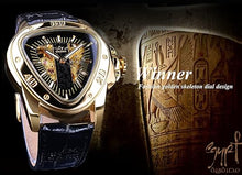Load image into Gallery viewer, Winner Fashion Mechanical Wrist Watch Triangle Racing Dial, Waterproof Golden Skeleton Dial Automatic Movement Leather Design Mechanical Watch for Men