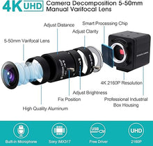 Load image into Gallery viewer, USB Camera 4K Ultra HD Webcam with 5-50mm Varifocal Lens USB Camera High Resolution 3840P Optical Web Camera,Manual Zoom Conference Webcam Support OPENCV on Mac/Window/Linux