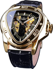 Load image into Gallery viewer, Winner Fashion Mechanical Wrist Watch Triangle Racing Dial, Waterproof Golden Skeleton Dial Automatic Movement Leather Design Mechanical Watch for Men