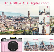 Load image into Gallery viewer, VETEK Digital Cameras for Photography, 4K 48MP Vlogging Camera 16X Digital Zoom Manual Focus Students Compact Camera with 52mm Wide-Angle Lens & Macro Lens, 32G Micro Card and 2 Batteries (Pink)