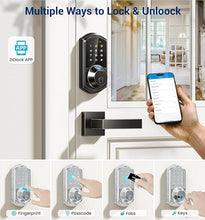 Load image into Gallery viewer, Veise Fingerprint Smart Locks for Front Door with 2 Lever Handle Set, App Control, Keyless Entry, Electronic Digital Keypad Deadbolt, Auto Lock, Waterproof, Easy to Install, Matte Black