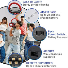 Load image into Gallery viewer, Pyle Portable CD Player Bluetooth Boombox Speaker - AM/FM Stereo Radio & Audio Sound, Supports CD-R-RW/MP3/WMA, USB, AUX, Headphone, LED Display, AC/Battery Powered, Red Black - PHCD22.5