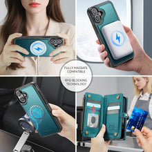 Load image into Gallery viewer, Defencase for iPhone 17 Magnetic Wallet Case Compatible with Magsafe with RFID Blocking Zipper Pocket & Card Holder for Women Men PU Leather Strap Detachable Case for iPhone 17 (6.3 inch), Blue Green