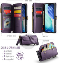 Load image into Gallery viewer, Wallet Case Compatible with iPhone 17 6.3" RFID Blocking 9-Card Holder Soft PU Leather Magnetic Snap Shoulder Strap Zipper Pocket Phone Case Fit for iPhone 17 for Women - Purple
