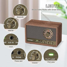 Load image into Gallery viewer, LEOTEC AM FM Radio,Retro Wood Table Radio,Portable Bluetooth Speaker Plug in Wall,Best Reception with AUX,Headphone Jack,Great for Home,Outdoor,Brown