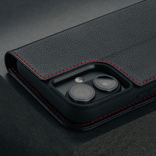 Load image into Gallery viewer, TORRO Premium Leather Case Compatible with iPhone 16 Plus 6.7" – Genuine Leather Wallet Flip Folio Case with Kickstand and Card Slots (Compatible with Official MagSafe Chargers) - Black with Red