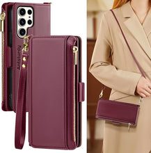Load image into Gallery viewer, Antsturdy Compatible with Samsung Galaxy S25 Ultra Wallet Case for Women?RFID Blocking? Crossbody Phone Case PU Leather Zipper with Wrist Strap Flip Cover Credit Card Holder for S25 Ultra,Wine Red
