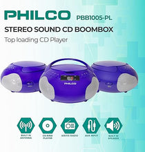 Load image into Gallery viewer, Philco Portable CD Player Boombox with Speakers and AM FM Radio | Purple Boom Box CD Player Compatible with CD-R/CD-RW and Audio CD | 3.5mm Aux Input | Stereo Sound | LED Display | AC/Battery Powered