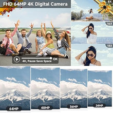 Load image into Gallery viewer, 4K Digital Camera For photography, 64MP WiFi Autofoucs Vlogging Camera for Youtube, 4K Video Compact Travel Point Shoot Cameras with Flash, Selfie Lens, 64GB Card, 18X Zoom, 2 Batteries+Charger(Black)