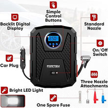 Load image into Gallery viewer, FORTEM Tire Inflator Portable Air Compressor 150 PSI, 12V Electric Bike Pump for Car Tires and Bicycles with LED Light, Digital Tire Pressure Gauge w/Auto Pump/Shut Off, Carrying Case (Black)