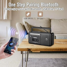 Load image into Gallery viewer, Gelielim Cassette Tape Player Bluetooth Boombox, Cassette Player AM/FM/SW Radio Stereo, Tape Player/Recorder with 8W Speaker and Earphone Jack, USB/TF Card Player, AC Powered or Battery Operated