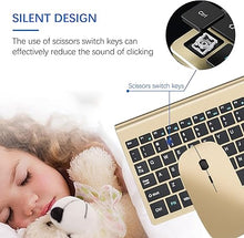 Load image into Gallery viewer, Wireless Keyboard and Mouse Ultra Slim Combo, TopMate 2.4G Silent Compact USB 2400DPI Mouse and Scissor Switch Keyboard Set with Cover, 2 AA and 2 AAA Batteries, for PC/Laptop/Windows/Mac - Gold Black
