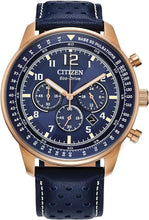 Load image into Gallery viewer, Citizen Men's Eco-Drive Weekender Sport Casual Chronograph Rose Gold Stainless Steel Watch with Blue Leather Strap, Blue Dial (Model: CA4503-00L)