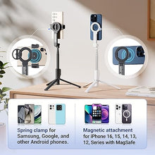Load image into Gallery viewer, Magnetic Phone Tripod Selfie Stick, 40.9" Extendable Cell Phone Tripod Stand for iPhone 16 15 14 13 12 MagSafe Phone Case with Phone Clamp & Wireless Remote for Selfie Vlogging Video Recording-White