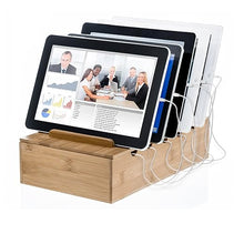 Load image into Gallery viewer, Prosumer's Choice Bamboo Charging Station Organizer - Multi-Device Docking Station with Removable Divider Slots - Tablet and Smartphones Rack and Cable Management Slots - 12.5Lx6.5Hx7.5W-Inch