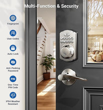Load image into Gallery viewer, Veise Fingerprint Door Lock with 2 Lever Handles - Keyless Entry Door Lock, Electronic Keypad Deadbolt & Front Door Lock Handle Sets, Auto Lock, Easy Installation, Satin Nickel