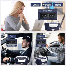 Load image into Gallery viewer, Electric Heated Lunch Boxes Adults: 80W Electric Lunch Box Food Heated 12/24/110V 1.5L Heatable Lunch Box for Car/Truck/Office Leak-Proof Stainless Steel Container, Fork & Spoon, Bag (Blue+White)