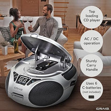 Load image into Gallery viewer, Craig CD6925 Portable Top-Loading Stereo CD Boombox with AM/FM Stereo Radio Bluetooth Wireless and AUX Port (Silver, Bluetooth)