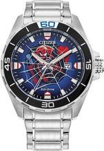 Load image into Gallery viewer, Citizen Men's Eco-Drive Marvel Spider Man Watch in Stainless Steel, Spider Man Art Dial (Model: BM7610-52W)