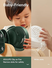 Load image into Gallery viewer, JISULIFE Clip on Baby Stroller Fan, 4000mAh Battery Operated Fan, Portable Personal Small Fan, Quiet & Narrow Slot Design, 4 Speeds, Max 14 Hrs, Ideal for Bed, Desk, Car Seat - Dark Green