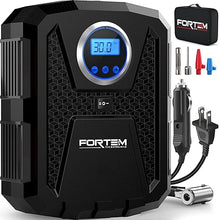 Load image into Gallery viewer, FORTEM Tire Inflator 150 PSI, Bike Pump, 110V AC 12V DC Air Pump for Car Tires, Digital Tire Pressure Gauge w/Auto Pump/Shut Off, Carrying Case (Black)