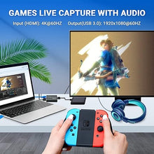 Load image into Gallery viewer, 4K Capture Card, HDMI to USB 3.0 Video Capture Card with loopout for Nintendo Switch,1080p 60fps Game Capture Card Device with Audio Output for Streaming, Xbox/PS4/PS5/PC,VLC/OBS/Amcap