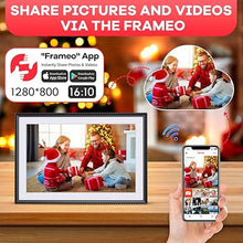Load image into Gallery viewer, FRAMEO 10.1 inch Digital Photo Frame with LED Light, 32GB WiFi Digital Frame, 1280x800 IPS LCD Touch Screen, Auto-Rotate, Wall Mounted, Easy Setup, Share Photos & Videos Instantly via Frameo App
