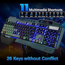 Load image into Gallery viewer, Wireless Gaming Keyboard Mouse & Mouse Pad Combo,3 in 1 Rainbow Backlit Rechargeable Keyboard with 3800mAh Battery Metal Panel Removable Hand Rest,RGB Gaming Mouse Pad(32.5x12 inch),Mute Gaming Mice