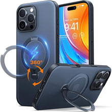 Load image into Gallery viewer, TORRAS Upgraded 360°Spin Magnetic Stand for iPhone 16 Pro Case, Fit for MagSafe, Built-in Kickstand & Ring Holder, Mil-Grade Protective Soft Edge Translucent Slim Case for iPhone 16 Pro, Black 6.3''