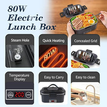 Load image into Gallery viewer, Nifogo Electric Lunch Box for Adults 80W with Temperature Display Heated Lunch Box Food Warmer Lunch Box 1.8L Stainless Steel Container&Bag 12V/24V/110V for Car/Truck/Work(Black)