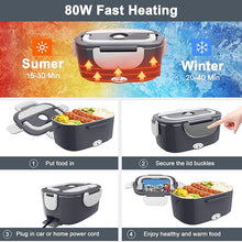Load image into Gallery viewer, Electric Heated Lunch Boxes Adults: 80W Electric Lunch Box Food Heated 12/24/110V 1.5L Heatable Lunch Box for Car/Truck/Office Leak-Proof Stainless Steel Container, Fork & Spoon, Bag (Dark Grey)