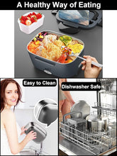 Load image into Gallery viewer, Buddew Electric Lunch Box 80W Food Heater for Adults, 12/24/110V Portable Lunch Warmer Upgraded Heated Lunch Box for Car/Truck/Office with SS Fork&Spoon and Insulated Carry Bag (Gray+Black Handle)