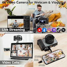 Load image into Gallery viewer, 4K Digital Camera For photography, 64MP WiFi Autofoucs Vlogging Camera for Youtube, 4K Video Compact Travel Point Shoot Cameras with Flash, Selfie Lens, 64GB Card, 18X Zoom, 2 Batteries+Charger(Black)
