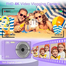 Load image into Gallery viewer, Digital Camera for Teens, FHD 4K 44MP Digital Camera Purple with 64GB SD Card 16X Digital Zoom, Cameras for Photography Compact Point and Shoot Camera for Teen Boys Girls Kids Camera Digital Purple