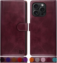 Load image into Gallery viewer, SUANPOT Compatible with iPhone 16 Pro 6.3" Wallet case with RFID Blocking Credit Card Holder,Flip Book PU Leather Protective Cover Women Men for Apple 16 Pro Phone case Wine Red