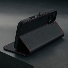 Load image into Gallery viewer, TORRO Premium Leather Case Compatible with iPhone 16 Plus 6.7" – Genuine Leather Wallet Flip Folio Case with Kickstand and Card Slots (Compatible with Official MagSafe Chargers) - Black with Red
