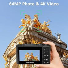 Load image into Gallery viewer, 64MP Digital Camera for Photography and Video: 4K Vlogging Camera for YouTube with 3'' Flip Screen and 32GB TF Card, 16X Digital Zoom Digital Camera for Gift (Black)