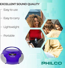Load image into Gallery viewer, Philco Portable CD Player Boombox with Speakers and AM FM Radio | Purple Boom Box CD Player Compatible with CD-R/CD-RW and Audio CD | 3.5mm Aux Input | Stereo Sound | LED Display | AC/Battery Powered