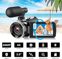 Load image into Gallery viewer, Video Camera Camcorder 4K 60FPS 48MP YouTube Camera with Wireless Lavalier Mic & External Mic for Vlogging, Ultra HD 3“ Screen 18X Digital Zoom Video Recorder Camera with 32GB SD Card, Remote Control