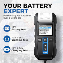 Load image into Gallery viewer, Car Battery Tester 12V 24V 100-2000CCA Lead-Acid Battery, TOPDON BT300P Alternator Tester, Load Tester, with Built-in Printer, Spark Free Metal Clamps, Automatic Reverse Polarity Protection