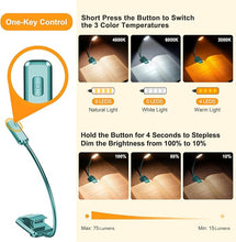 Load image into Gallery viewer, Gritin 9 LED Rechargeable Book Light for Reading in Bed - Eye Caring 3 Color Temperatures,Stepless Dimming Brightness,80 Hrs Runtime Small Lightweight Clip On Book Reading Light for Studying-Green